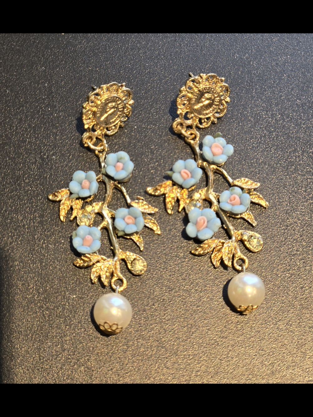 Gold Floral Drop Earrings with Blue Flower Accents and Pearl